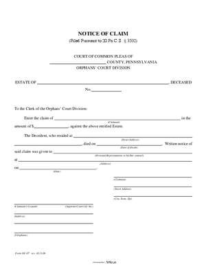 Thumbnail of Pennsylvania Form Notice Of Claim (Filed Pursuant To 20 Pa. C.s. § 3532)