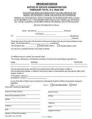 Thumbnail of Pennsylvania Form Notice Of Estate Administration Pursuant To Pa. O.c. Rule 10.5 Eff 1 1 20