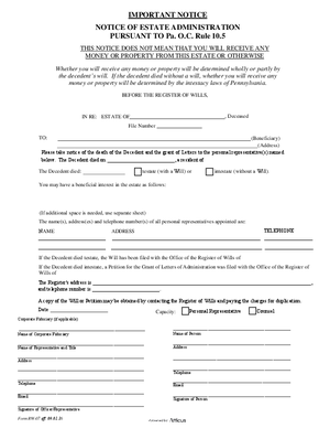 Thumbnail of Pennsylvania Form Notice Of Estate Administration Pursuant To Pa. O.c. Rule 10.5 Eff 09 01 16