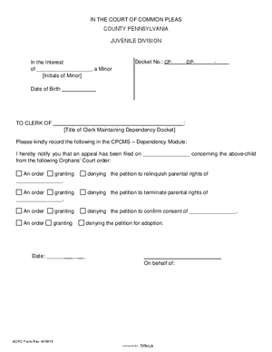 Thumbnail of Pennsylvania Form Notice Of Orphans Court Appeal Filing