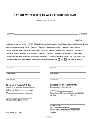Thumbnail of Pennsylvania Form Oath Of Witness(es) To Will Executed By Mark Eff 1 1 20