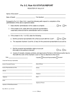 Thumbnail of Pennsylvania Form Pa. O.c. Rule 10.6 Status Report 1 1 20