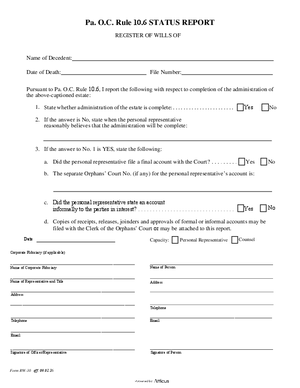 Thumbnail of Pennsylvania Form Pa. O.c. Rule 10.6 Status Report