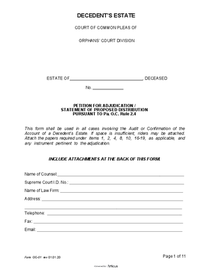 Thumbnail of Pennsylvania Form Petition For Adjudication - Decedent's Estate Eff 1 1 20