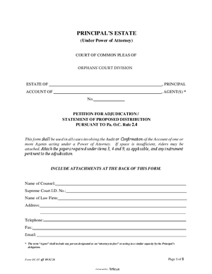 Thumbnail of Pennsylvania Form Petition For Adjudication - Principal's Estate (Under Power Of Attorney) Eff 09 01 16