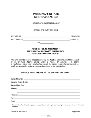 Thumbnail of Pennsylvania Form Petition For Adjudication - Principal's Estate (Under Power Of Attorney) Eff 1 1 20