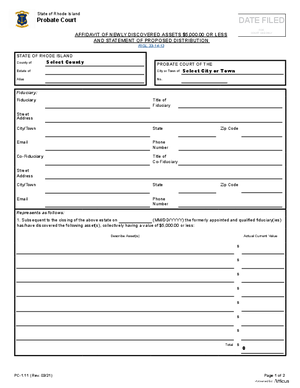 Thumbnail of Rhode Island Form Affidavit Of Newly Discovered Assets $5000 Or Less And Statement Of Proposed Distribution