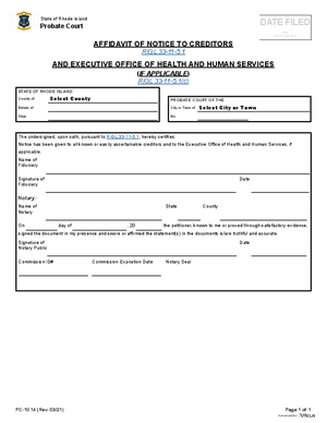 Thumbnail of Rhode Island Form Affidavit Of Notice To Creditors