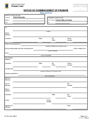 Thumbnail of Rhode Island Form Notice Of Commencement Of Probate