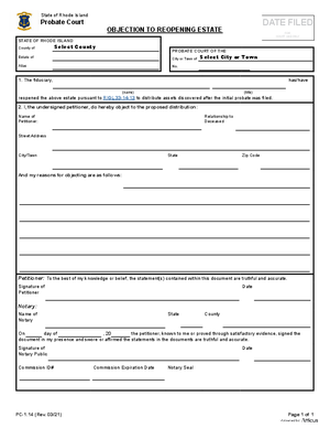 Thumbnail of Rhode Island Form Objection To Reopening Estate