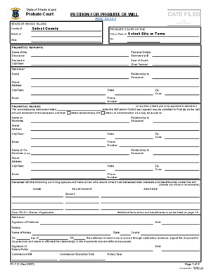 Thumbnail of Rhode Island Form Petition For Probate Of Will