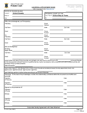 Thumbnail of Rhode Island Form Universal Appointment Bond With Corporate Surety
