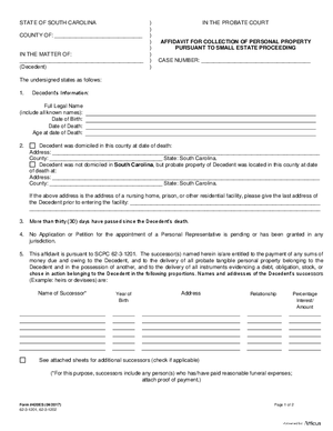 Thumbnail of South Carolina Form Affidavit For Collection Of Personal Property Pursuant To Small Estate Proceedings
