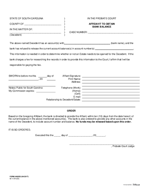 Thumbnail of South Carolina Form Affidavit To Obtain Bank Balance