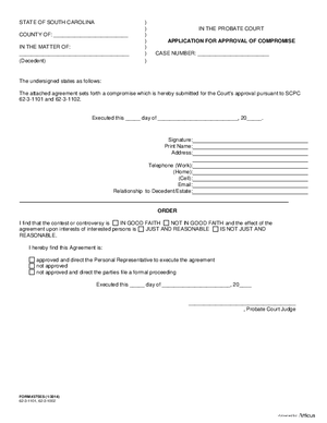 Thumbnail of South Carolina Form Application For Approval Of Compromise