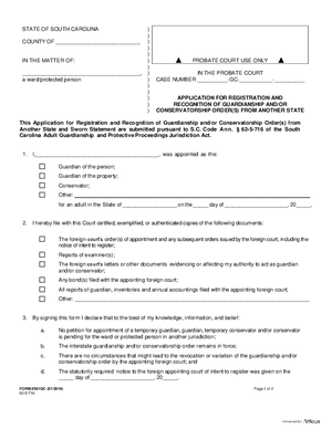 Thumbnail of South Carolina Form Application For Registration And Recognition Of Guardianship And/or Conservatorship Order(s) From Another State