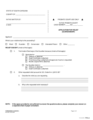 Thumbnail of South Carolina Form Application For Relief (Guardianship)