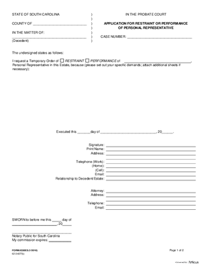 Thumbnail of South Carolina Form Application For Restraint Or Performance Of Personal Representative