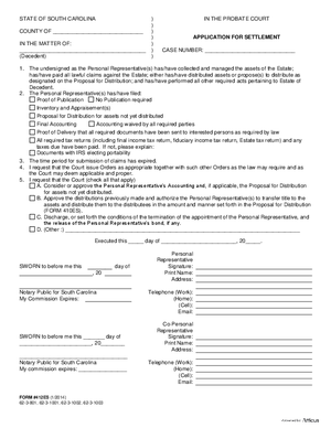 Thumbnail of South Carolina Form Application For Settlement