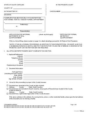 Thumbnail of South Carolina Form Application (Informal) / Petition (Formal) For Probate Of Will Or Appointment (Mandatory)