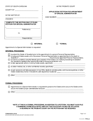 Thumbnail of South Carolina Form Application / Petition For Appointment Of Special Administrator