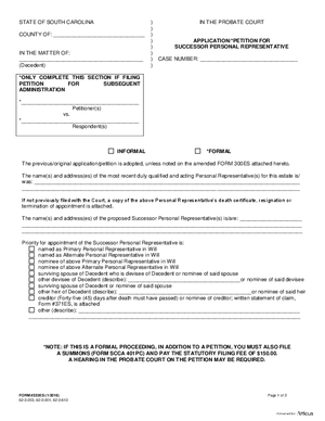Thumbnail of South Carolina Form Application / Petition For Successor Personal Representative