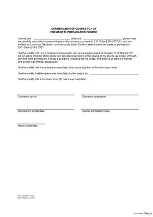 Thumbnail of South Carolina Form Certification Of Completion Of Premarital Preparation Course
