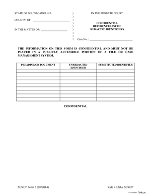 Thumbnail of South Carolina Form Confidential Reference List Of Redacted Identifiers