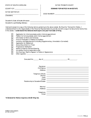 Thumbnail of South Carolina Form Demand For Notice In An Estate