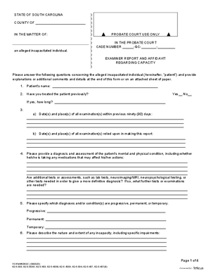 Thumbnail of South Carolina Form Examiner Report And Affidavit Regarding Capacity