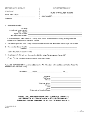 Thumbnail of South Carolina Form Filing Of Will For Record