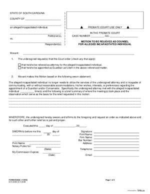 Thumbnail of South Carolina Form Motion To Be Relieved As Counsel For Alleged Incapacitated Individual