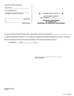 Thumbnail of South Carolina Form Motion For Appointment Of Counsel For Emergency Or Temporary Proceedings
