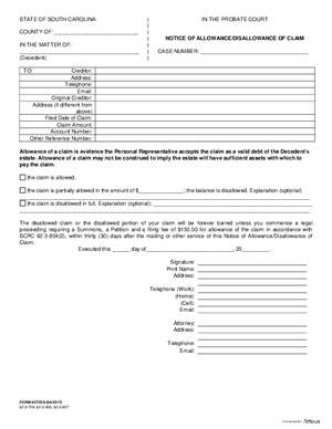 Thumbnail of South Carolina Form Notice Of Allowance / Disallowance Of Claim