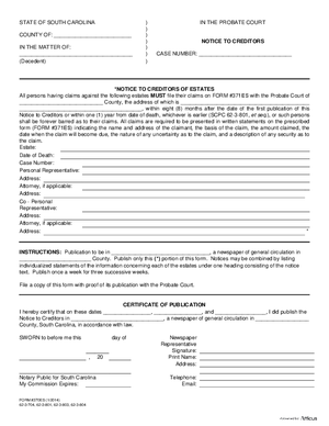 Thumbnail of South Carolina Form Notice To Creditors
