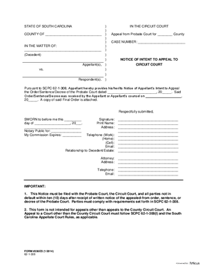 Thumbnail of South Carolina Form Notice Of Intent To Appeal