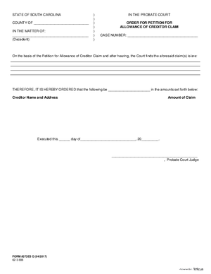 Thumbnail of South Carolina Form Order For Petition For Allowance Of Claim