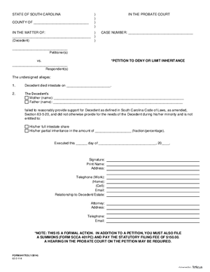 Thumbnail of South Carolina Form Petition To Deny Or Limit Inheritance