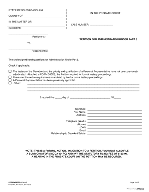 Thumbnail of South Carolina Form Petition For Administration Under Part 5