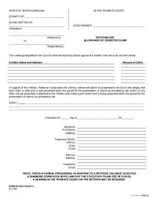 Thumbnail of South Carolina Form Petition For Allowance Of Claim