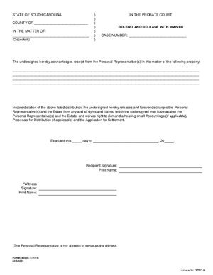 Thumbnail of South Carolina Form Receipt And Release With Waiver
