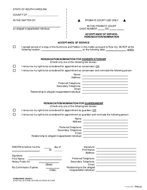 Thumbnail of South Carolina Form Renunciation/nomination For Guardian And/or Conservator; Acceptance Of Service