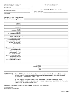 Thumbnail of South Carolina Form Statement Of Creditor's Claim (Mandatory)