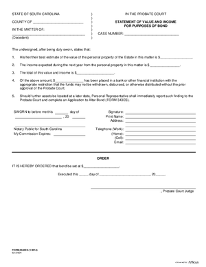 Thumbnail of South Carolina Form Statement Of Value And Income For Purposes Of Bond