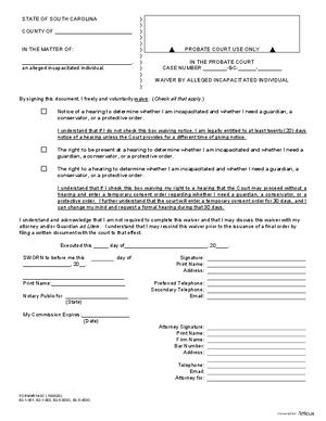 Thumbnail of South Carolina Form Waiver By Alleged Incapacitated Individual