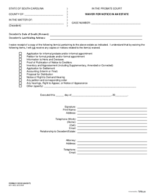 Thumbnail of South Carolina Form Waiver For Notice In An Estate