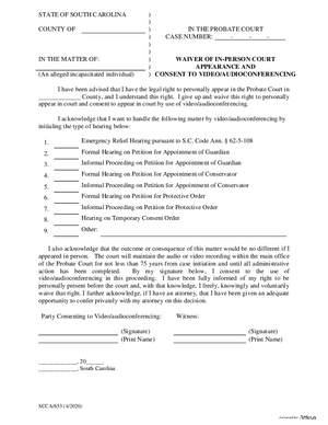 Thumbnail of South Carolina Form Waiver Of In-person Court Appearance And Consent To Video/audioconferencing