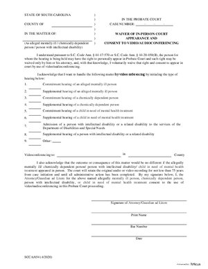 Thumbnail of South Carolina Form Waiver Of In-person Court Appearance And Consent To Video/audioconferencing