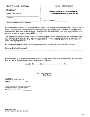 Thumbnail of South Carolina Form Waiver Of Statutory Requirements And Beneficiary Receipt / Release