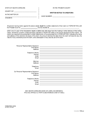 Thumbnail of South Carolina Form Written Notice To Creditors